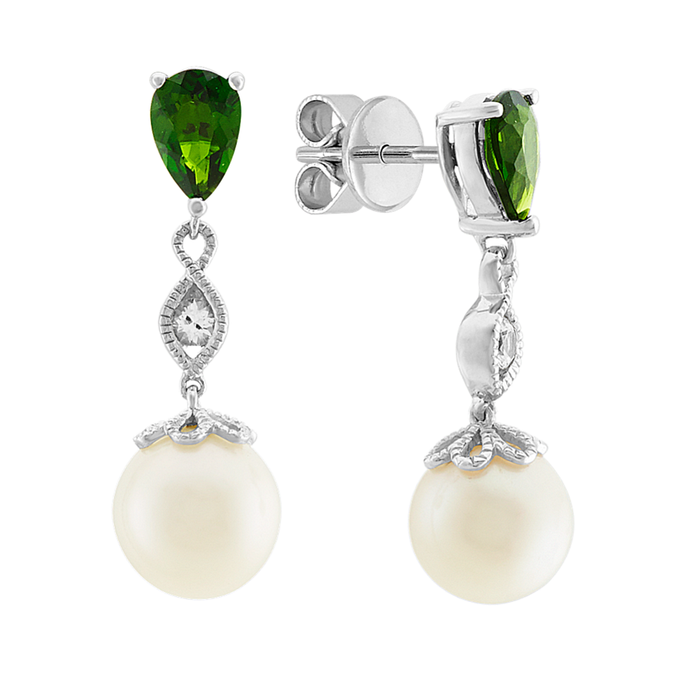 7.5mm Freshwater Cultured Pearl White Sapphire & Chrome Diopside Earrings