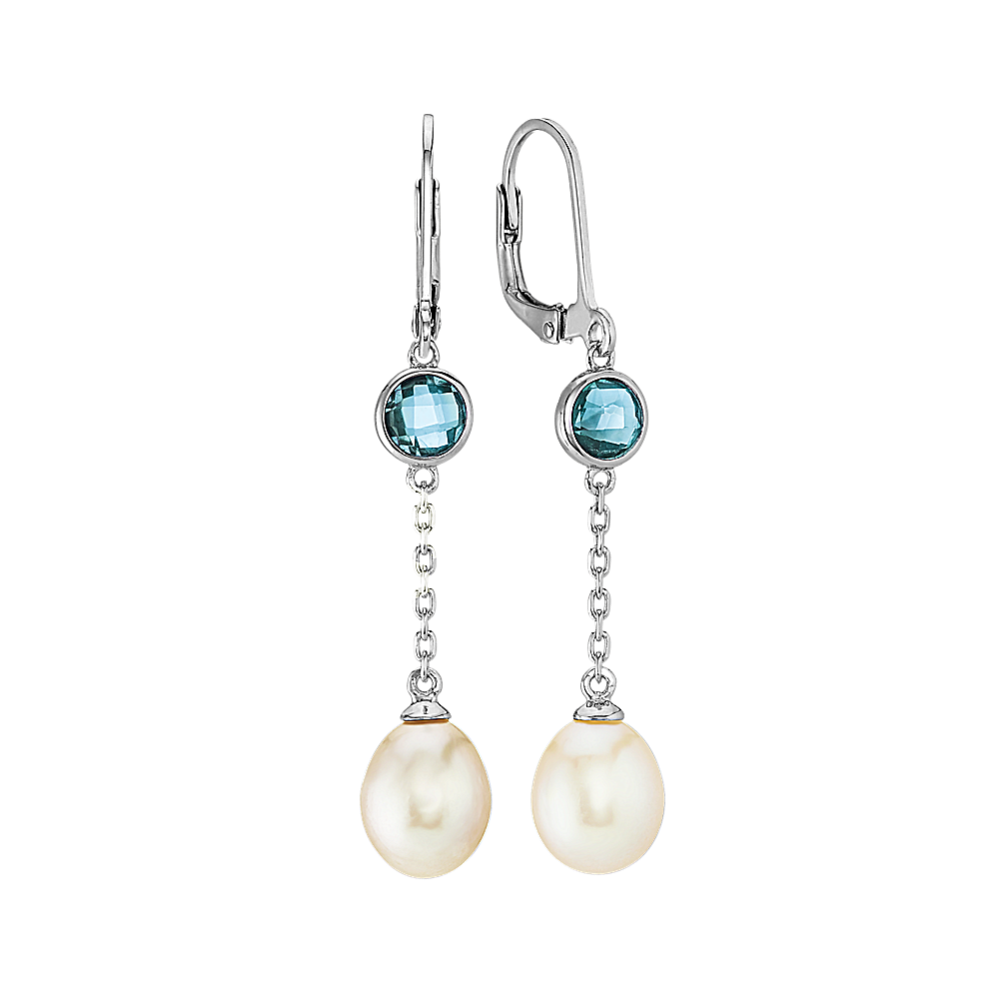 7.5mm Freshwater Cultured Pearl and Blue Topaz Dangle Earrings