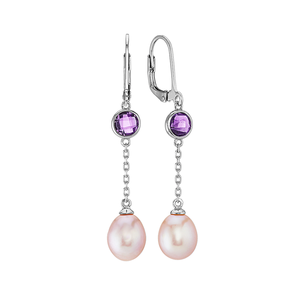 7.5mm Lavender Freshwater Cultured Pearl and Amethyst Dangle Earrings