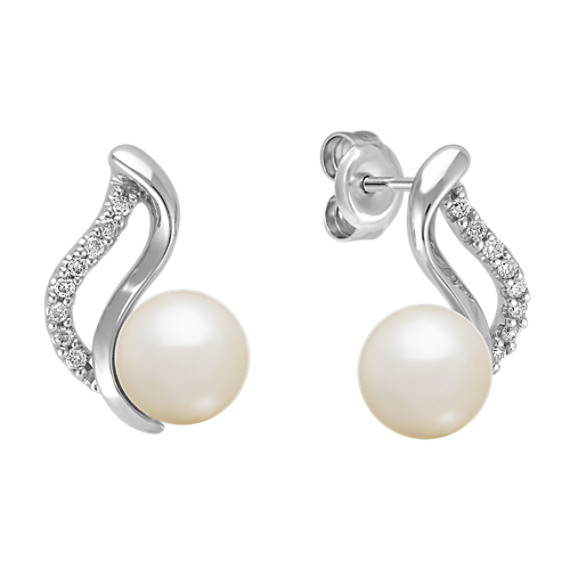 7mm Cultured Akoya Pearl and Round Diamond Earrings