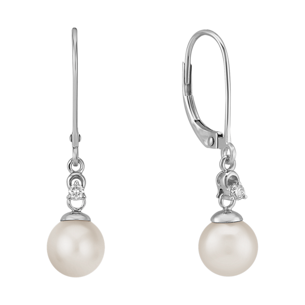 7mm Cultured Akoya Pearl and Round Natural Diamond Earrings