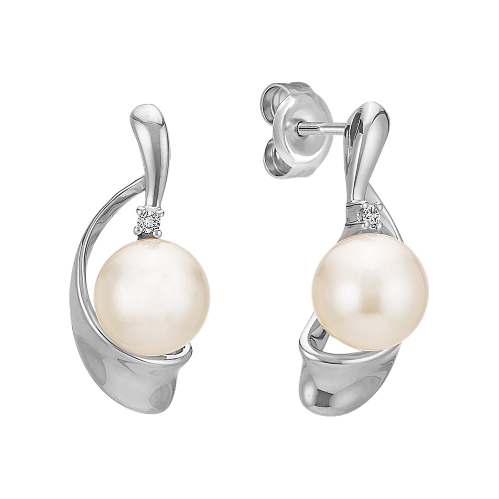 7mm Akoya Cultured Pearl and Round Diamond Earrings
