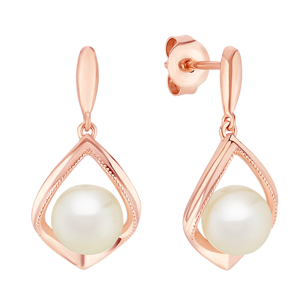 7mm Freshwater Cultured Pearl Dangle Earrings in 14k Rose Gold