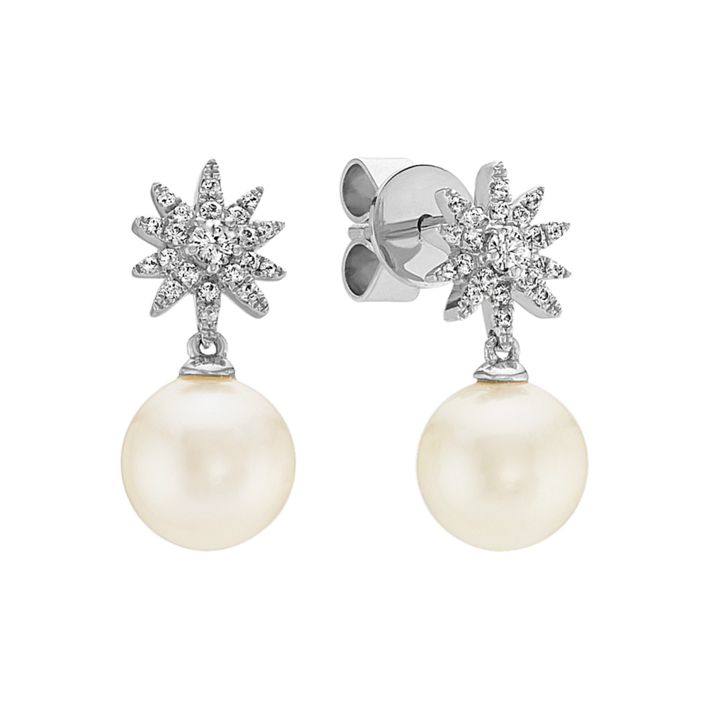 7mm Freshwater Cultured Pearl and White Sapphire Starburst Earrings