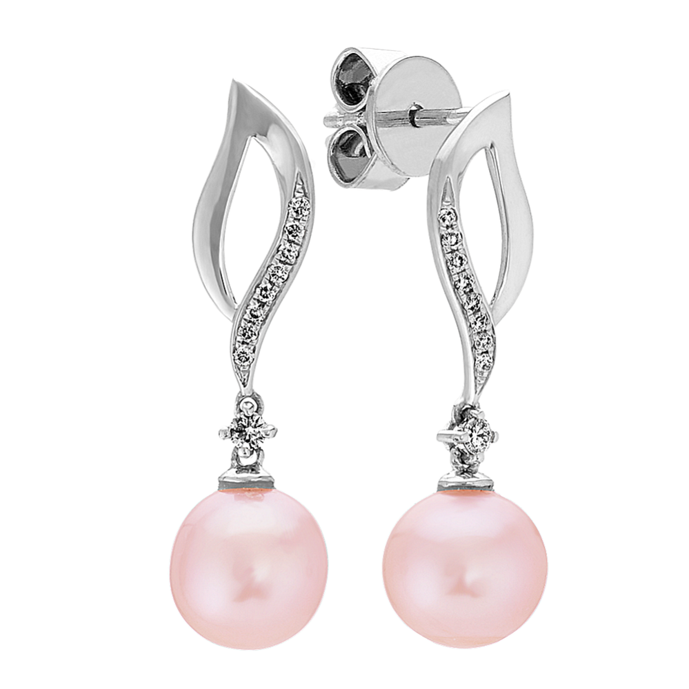 7mm Pink Freshwater Cultured Pearl and Diamond Earrings
