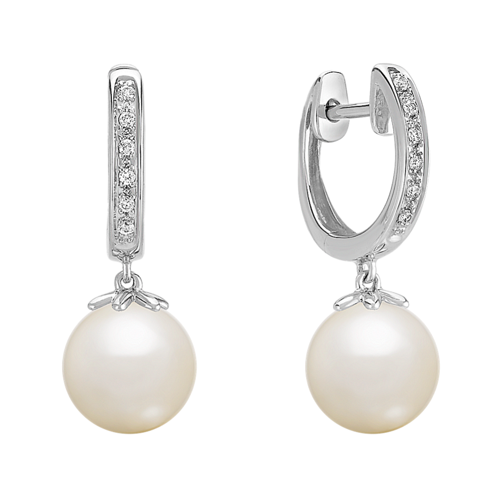8.5mm Freshwater Cultured Pearl and Diamond Hoop Earrings