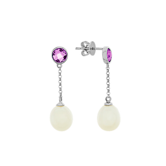 8.5mm Freshwater Pearl and Purple Garnet Dangle Earrings