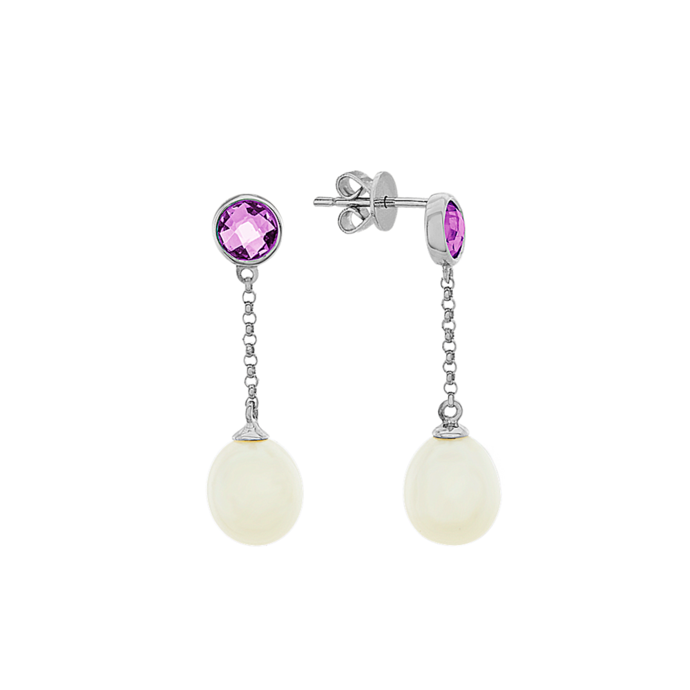 8.5mm Freshwater Cultured Pearl and Purple Garnet Dangle Earrings