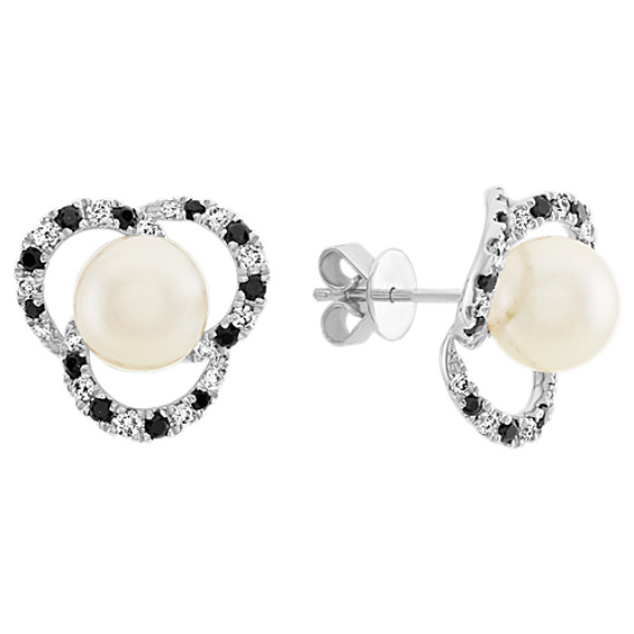 8mm Akoya Pearl, Black Sapphire and Diamond Earrings
