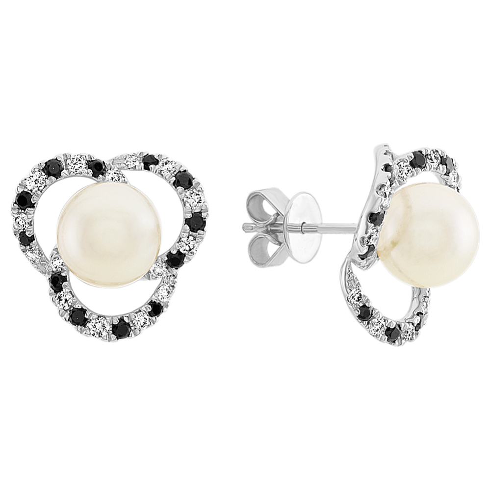 8mm Akoya Cultured Pearl Black Sapphire and Diamond Earrings