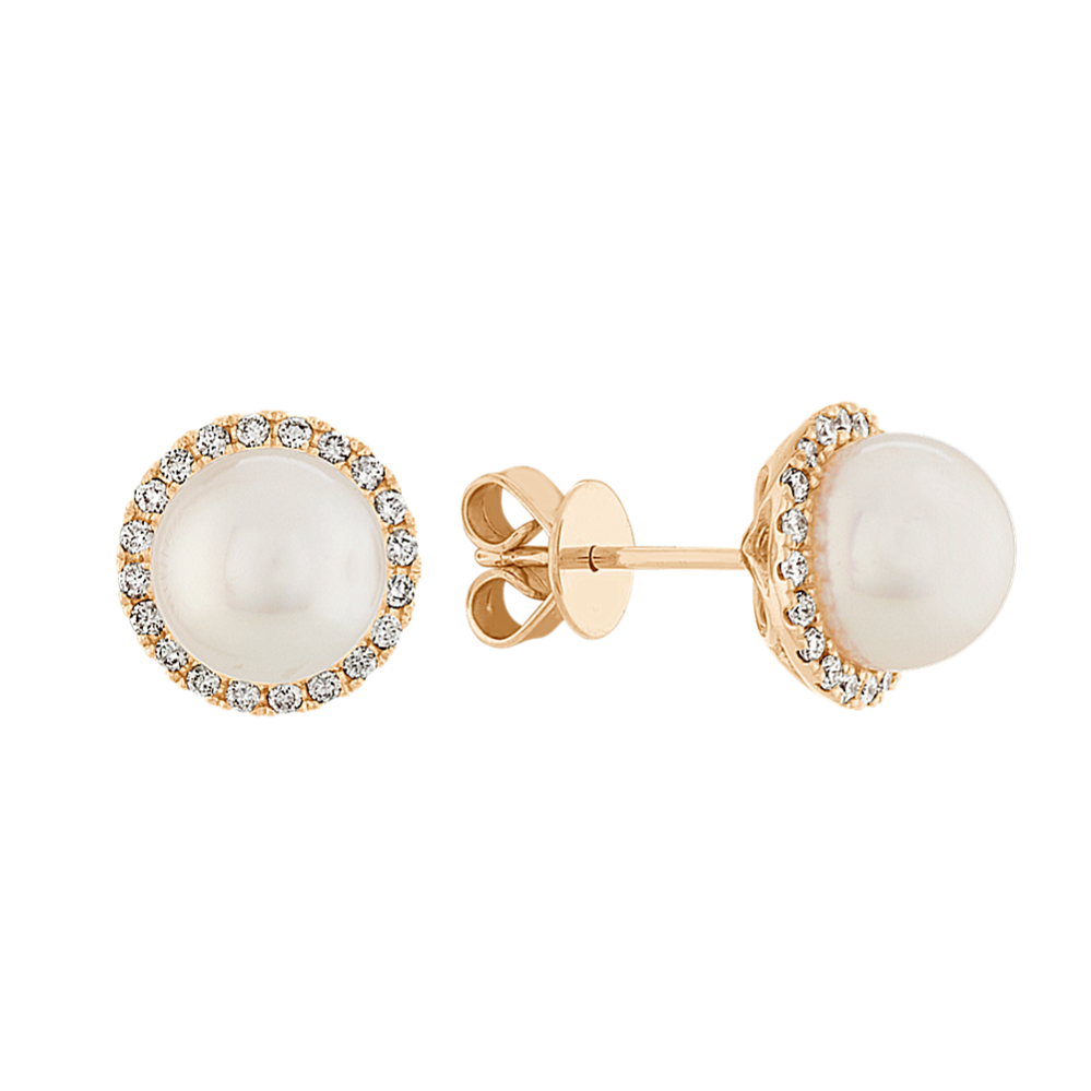 8mm Cultured Akoya Pearl & Diamond Halo Earrings