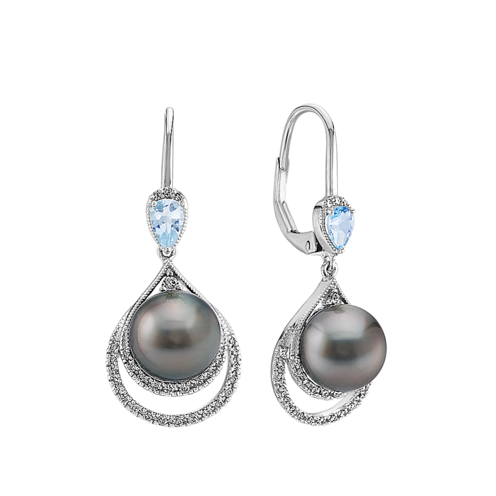 8mm Tahitian Cultured Pearl Aquamarine & Diamond Earrings