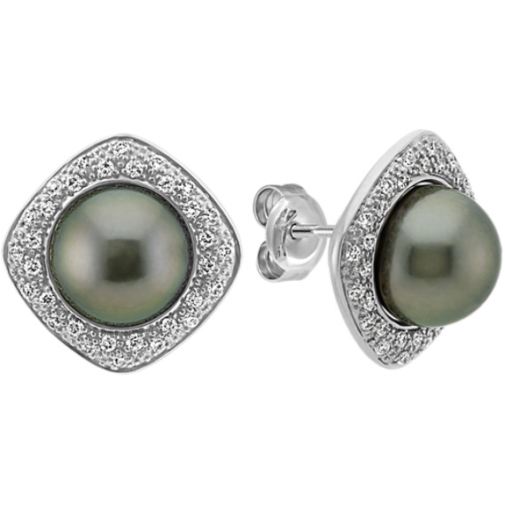 8mm Cultured Tahitian Pearl Earrings With Round Diamond Halo Shane Co 8mm Cultured Tahitian Pearl Earrings With Round Diamond Halo