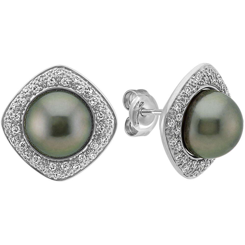 8mm Tahitian Cultured Pearl Earrings with Round Diamond Halo