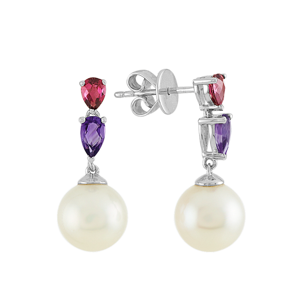 8mm Dangle Freshwater Cultured Pearl Garnet and Amethyst Earrings