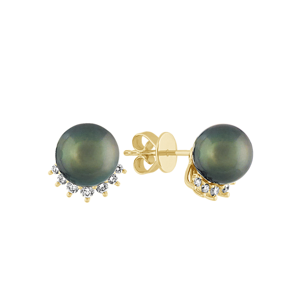 8mm Peacock Tahitian Pearl and Natural Diamond Earrings in 14k Yellow Gold