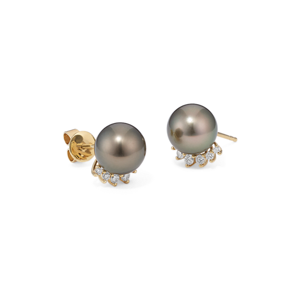 8mm Peacock Tahitian Pearl and Diamond Earrings in 14k Yellow Gold