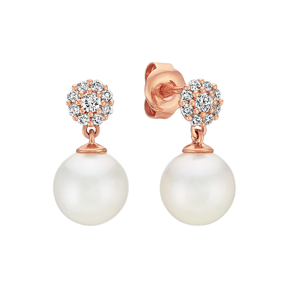 8mm Cultured Pearl and Diamond Dangle Earrings in 14k Rose Gold