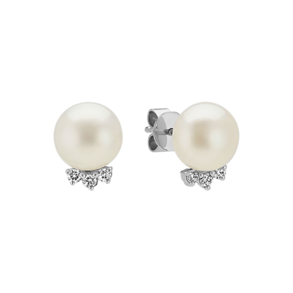 8mm Cultured Pearl and Diamond Earrings in 14k White Gold