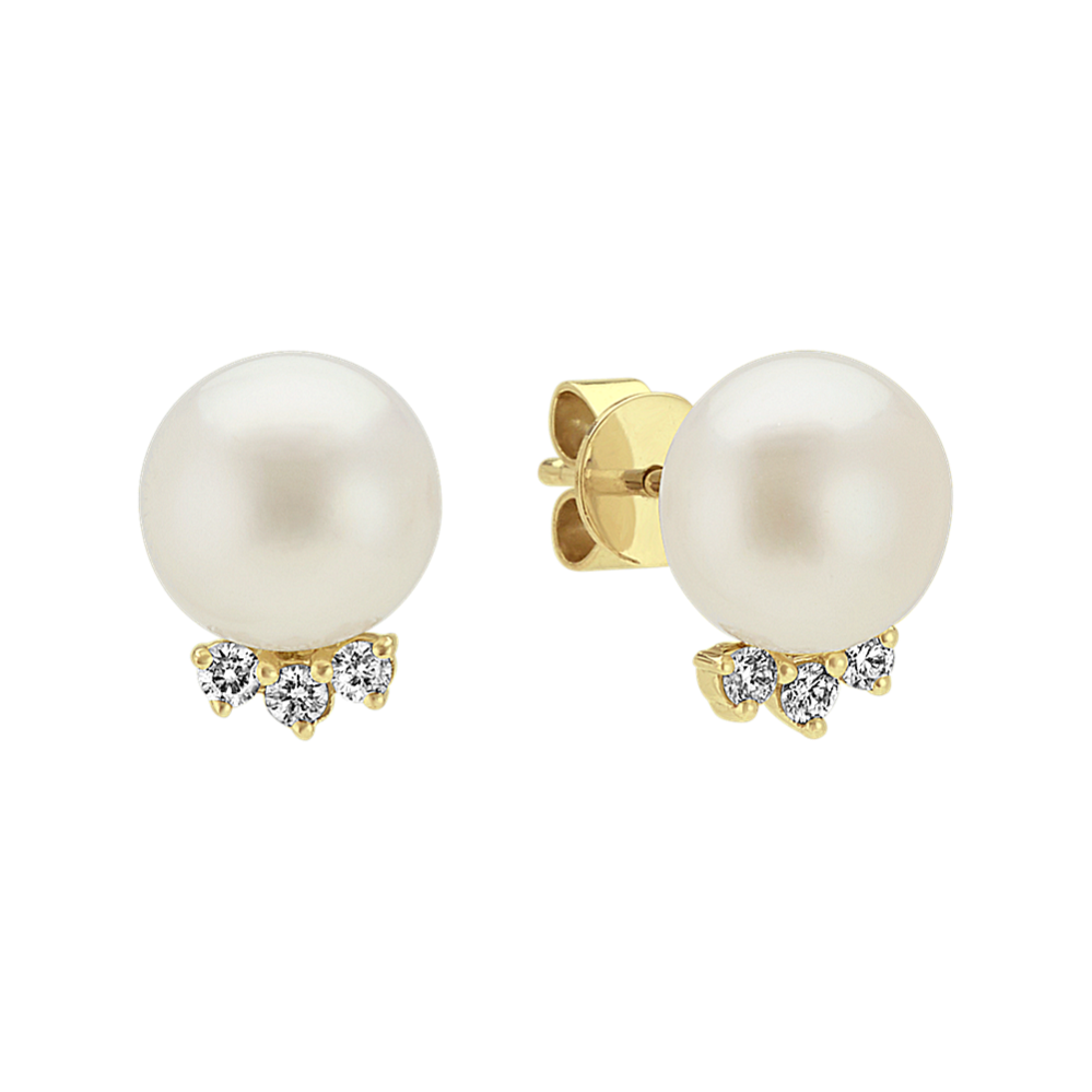 8mm Cultured Pearl and Diamond Earrings in 14k Yellow Gold