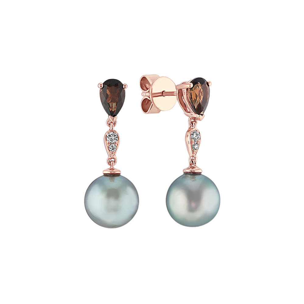 8mm Tahitian Cultured Pearl Smoky Quartz and Diamond Dangle Earrings