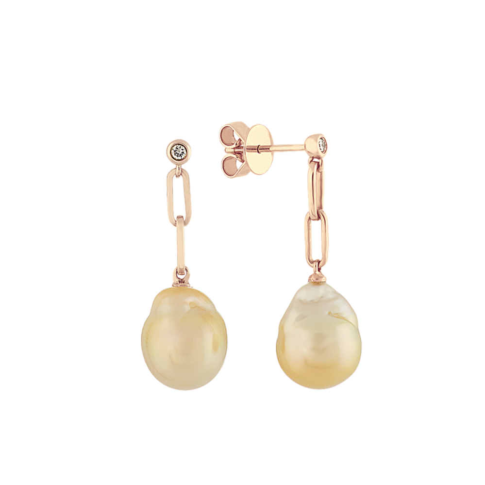 9-10mm Golden Baroque Pearl and Diamond Drop Earrings in 14k Rose Gold