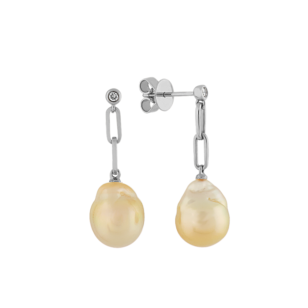 9-10mm Golden Baroque Pearl and Diamond Drop Earrings in 14k White Gold