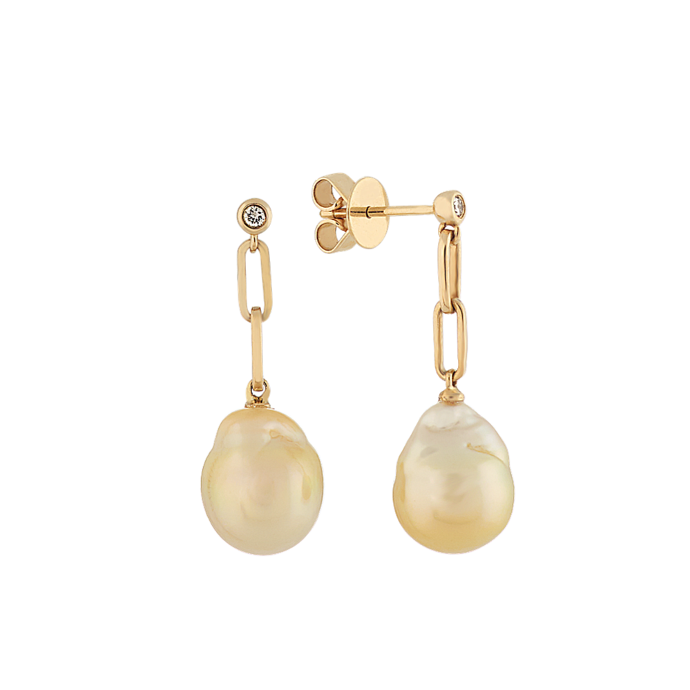 9-10mm Golden Baroque Pearl and Diamond Drop Earrings in 14k Yellow Gold