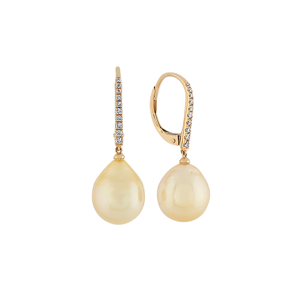 9-10mm Golden Baroque Pearl and Diamond Earrings in 14k Yellow Gold
