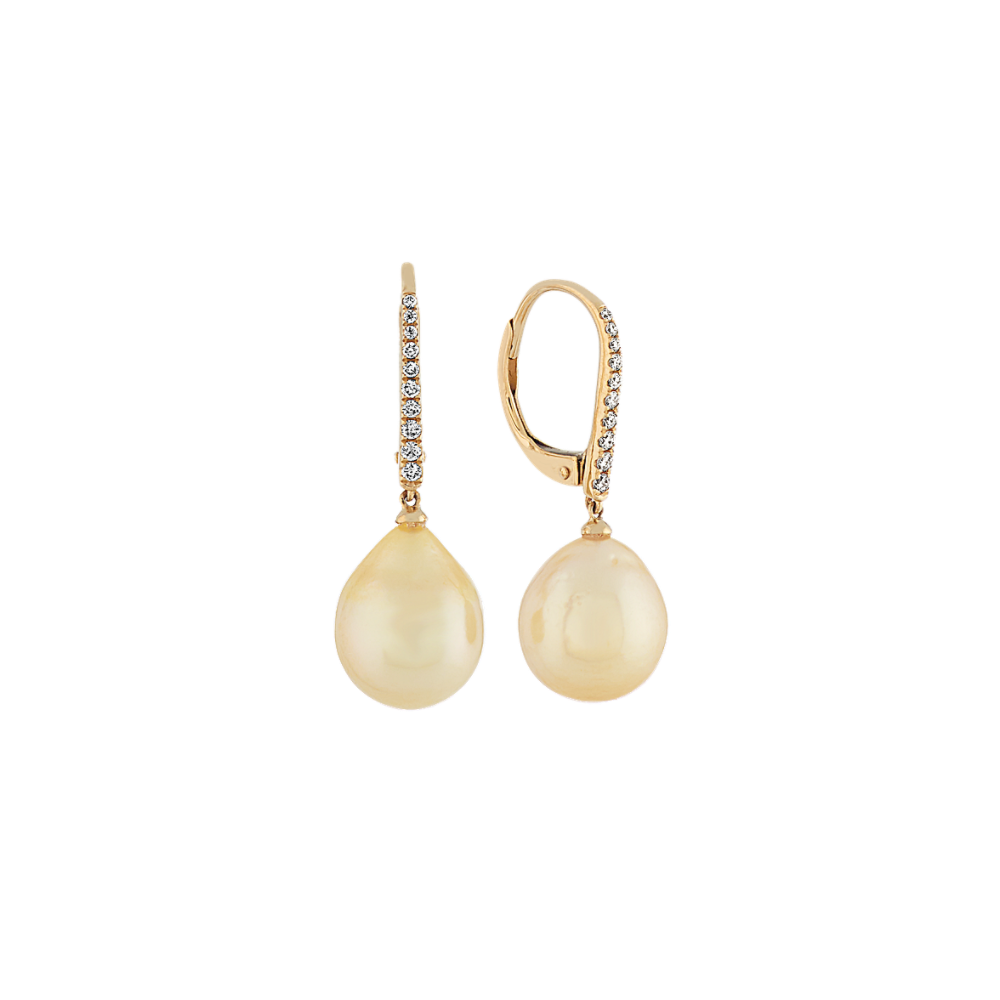 9-10mm Golden Baroque Pearl and Natural Diamond Earrings in 14k Yellow Gold