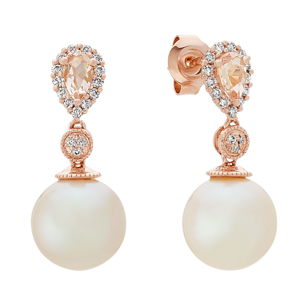 9mm Cultured Freshwater Pearl, Morganite and Diamond Earrings in 14k Rose Gold