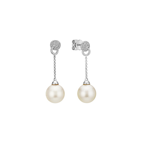 9mm Cultured South Sea Pearl And Round Diamond Dangle Earrings 9mm Cultured South Sea Pearl And Round Diamond Dangle Earrings