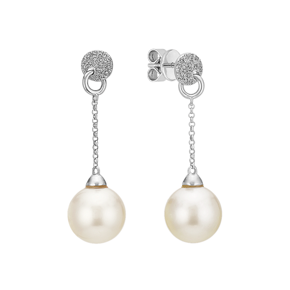 9mm South Sea Cultured Pearl and Round Diamond Dangle Earrings