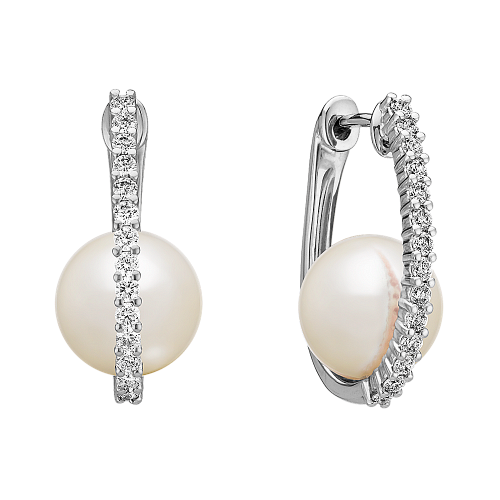 9mm South Sea Cultured Pearl and Single Lined Diamond Hoop Earrings