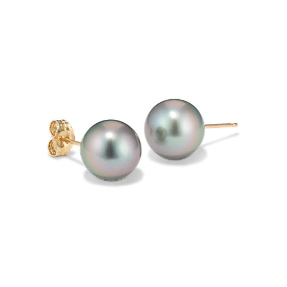 9mm Peacock Tahitian Pearl Solitaire Earrings in 14k Yellow Gold
