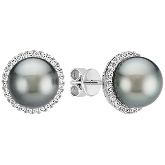 9mm Cultured Tahitian Pearl And Diamond Halo Earrings Shane Co 9mm Cultured Tahitian Pearl And Diamond Halo Earrings