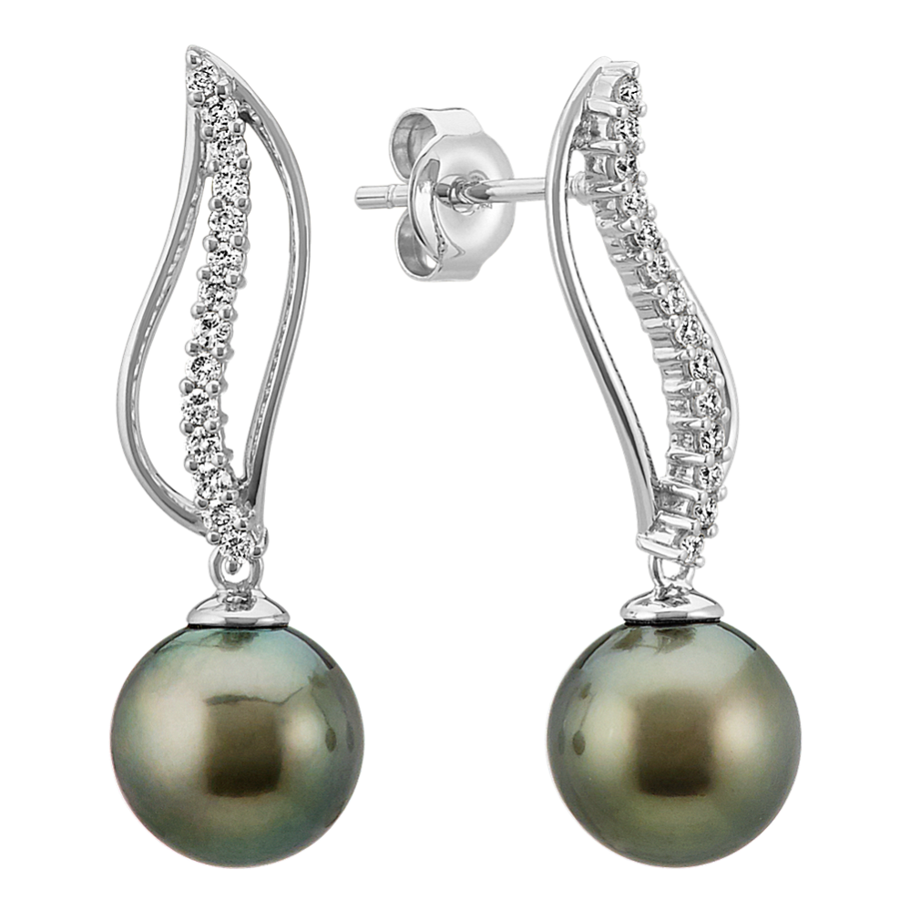 9mm Tahitian Cultured Pearl and Round Diamond Dangle Earrings