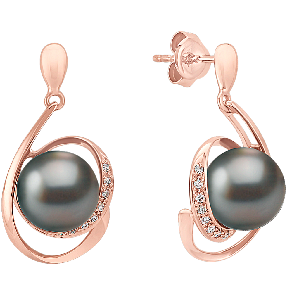 9mm Tahitian Cultured Pearl and Round Diamond Earrings in Rose Gold