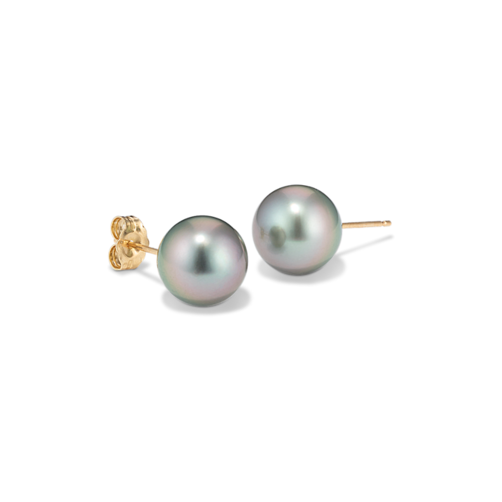 9mm Peacock Tahitian Cultured Pearl Solitaire Earrings in 14k Yellow Gold