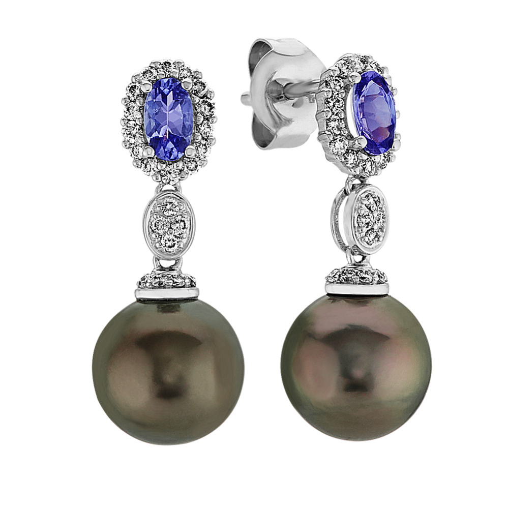 9mm Tahitian Cultured Pearl Tanzanite and Diamond Dangle Earrings