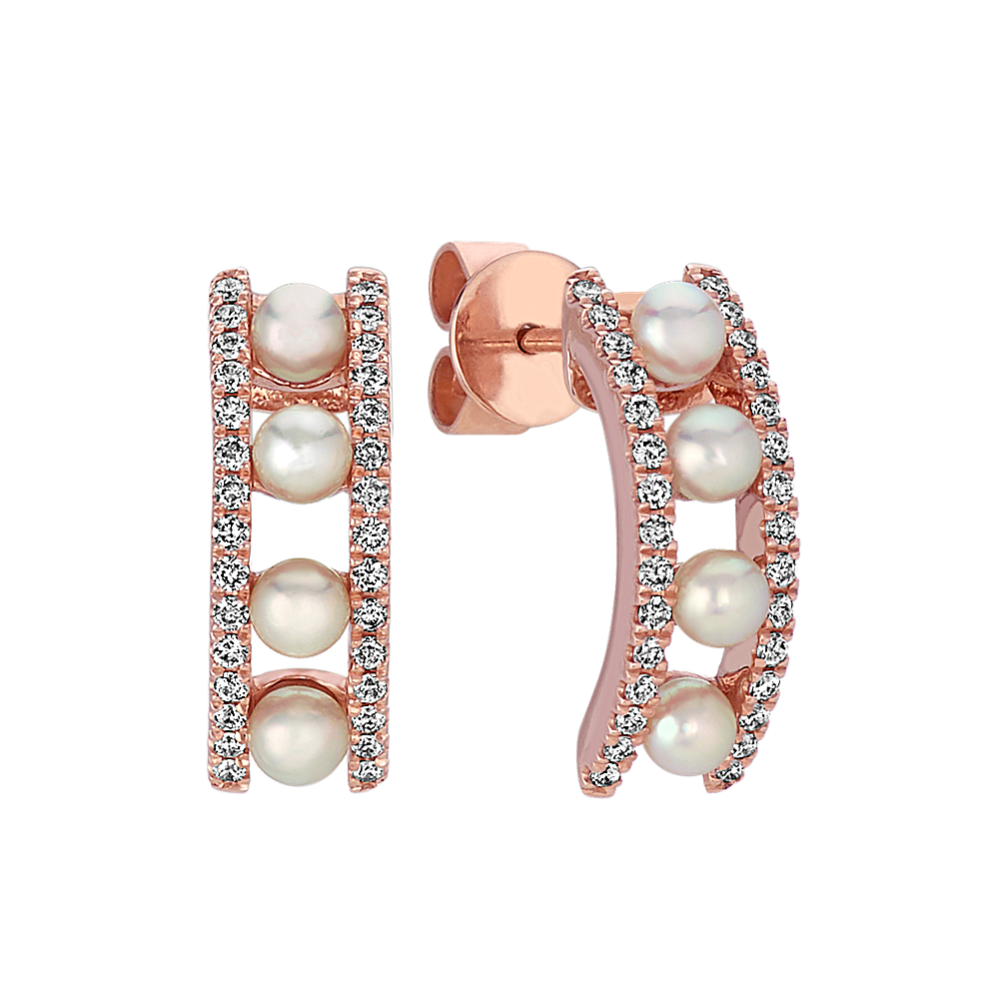 Akoya Cultured Pearl and Diamond Earrings in 14k Rose Gold