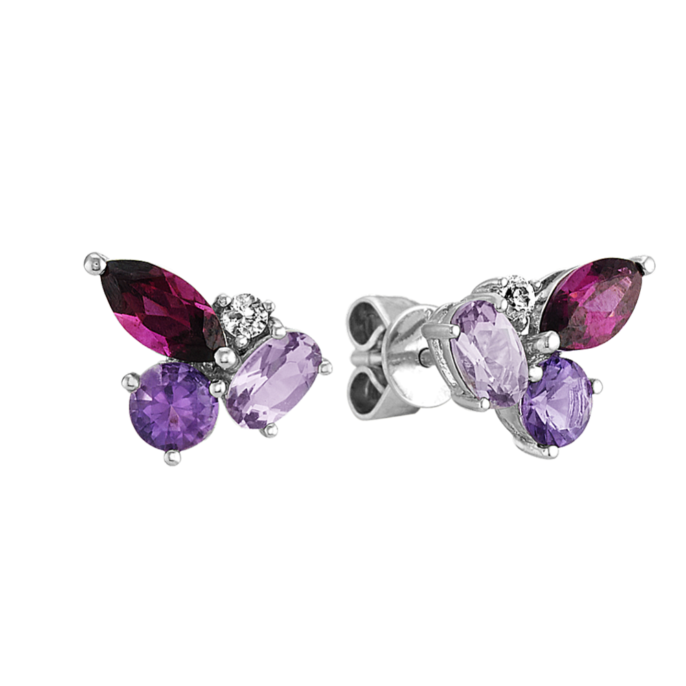 Amethyst, Rhodolite Garnet and White Sapphire Earrings