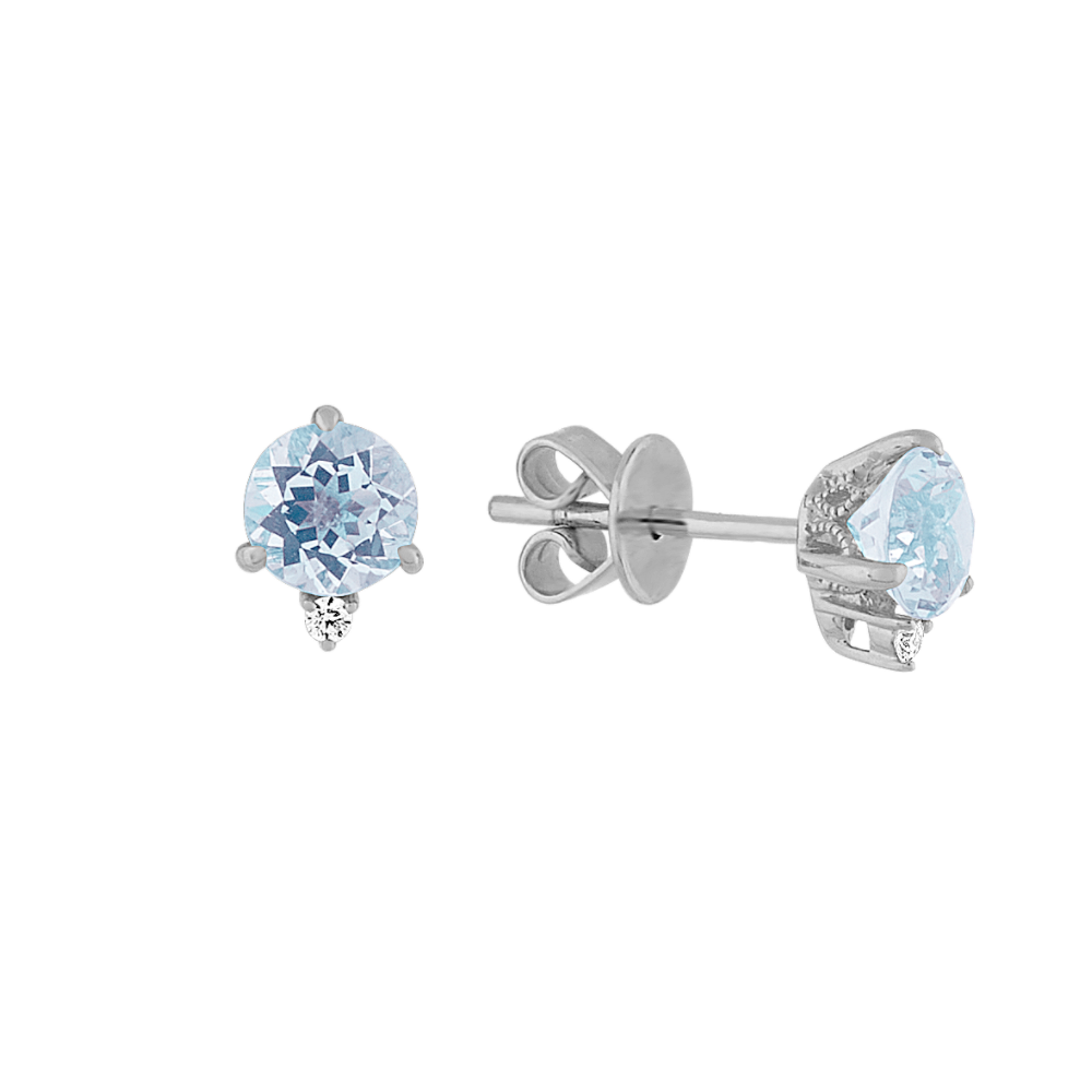 Natural Aquamarine and Natural Diamond Earrings in 14k White Gold