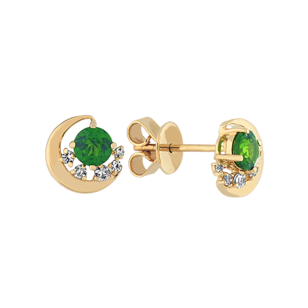 Aurora Chrome Diopside and Sapphire Earrings in 14k Yellow Gold