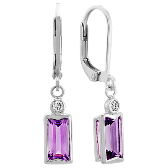 Baguette Amethyst and Diamond Dangle Earrings | Shane Co.