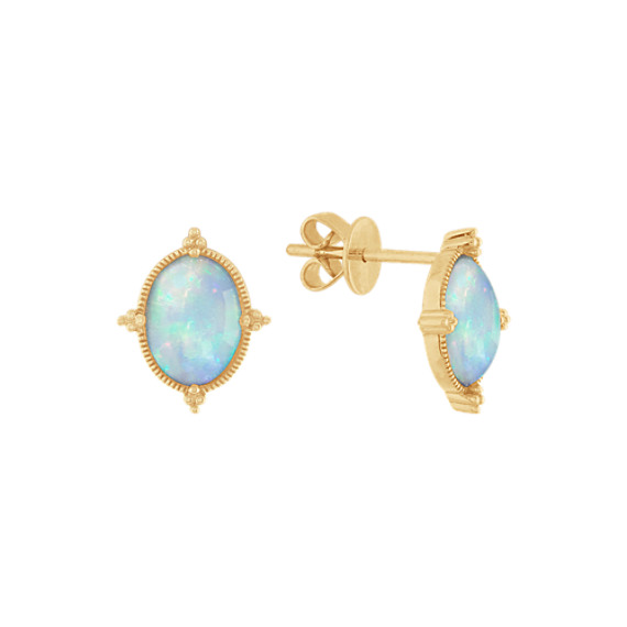 Beatrice Opal Earrings with Bead Accent in 14K Yellow Gold