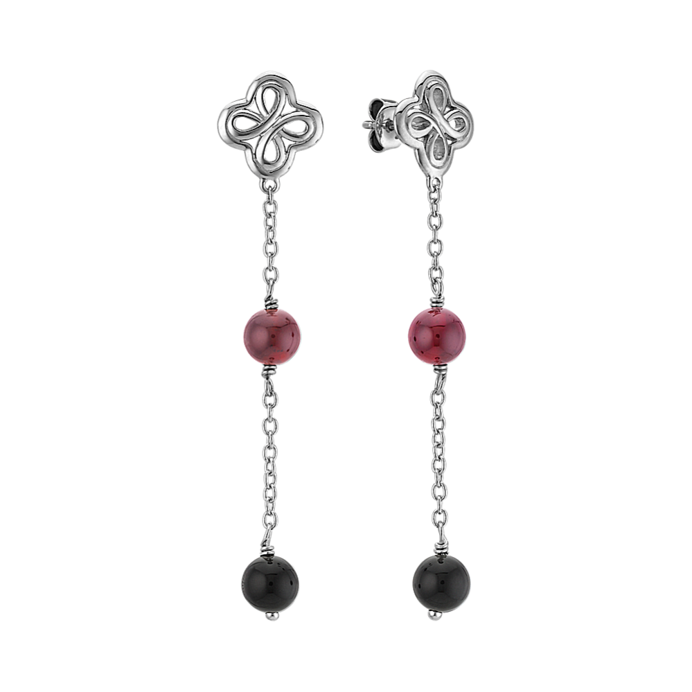 Black Agate and Garnet Earrings in Sterling Silver