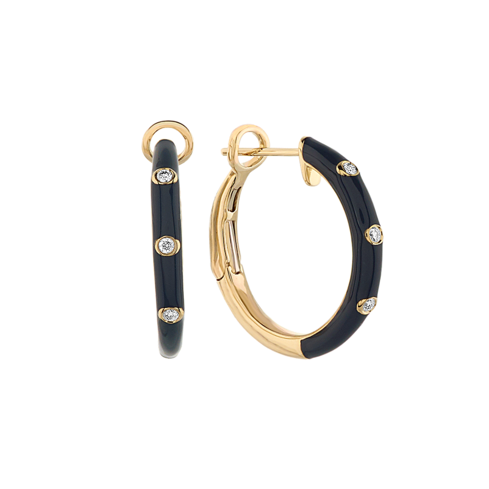 Black Enamel Diamond Hoop Earrings