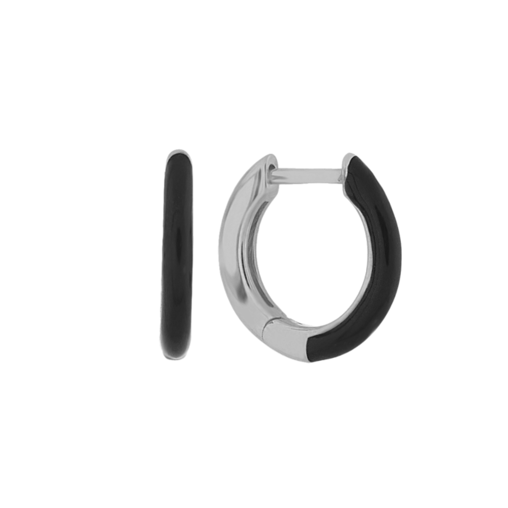 Black Enamel Hoop Earrings in 14k White Gold