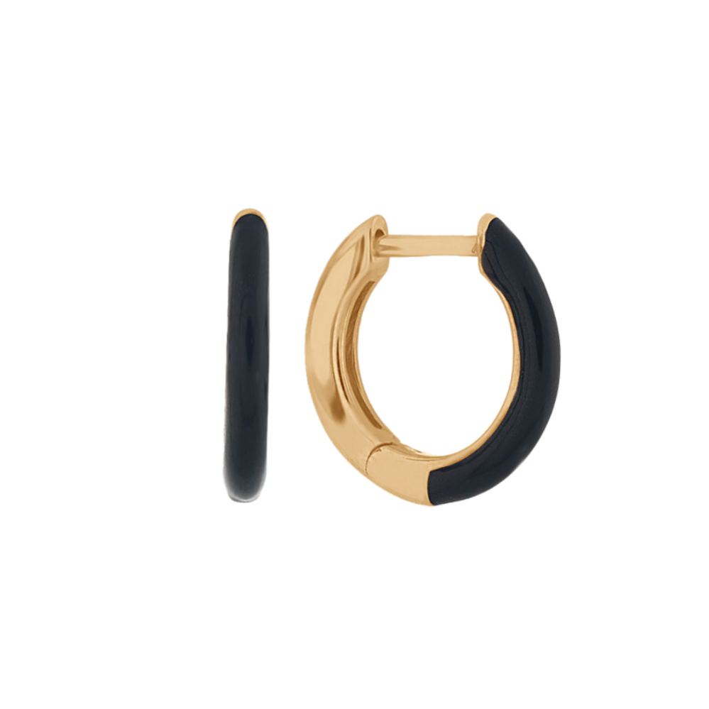 Black Enamel Hoop Earrings in 14k Yellow Gold